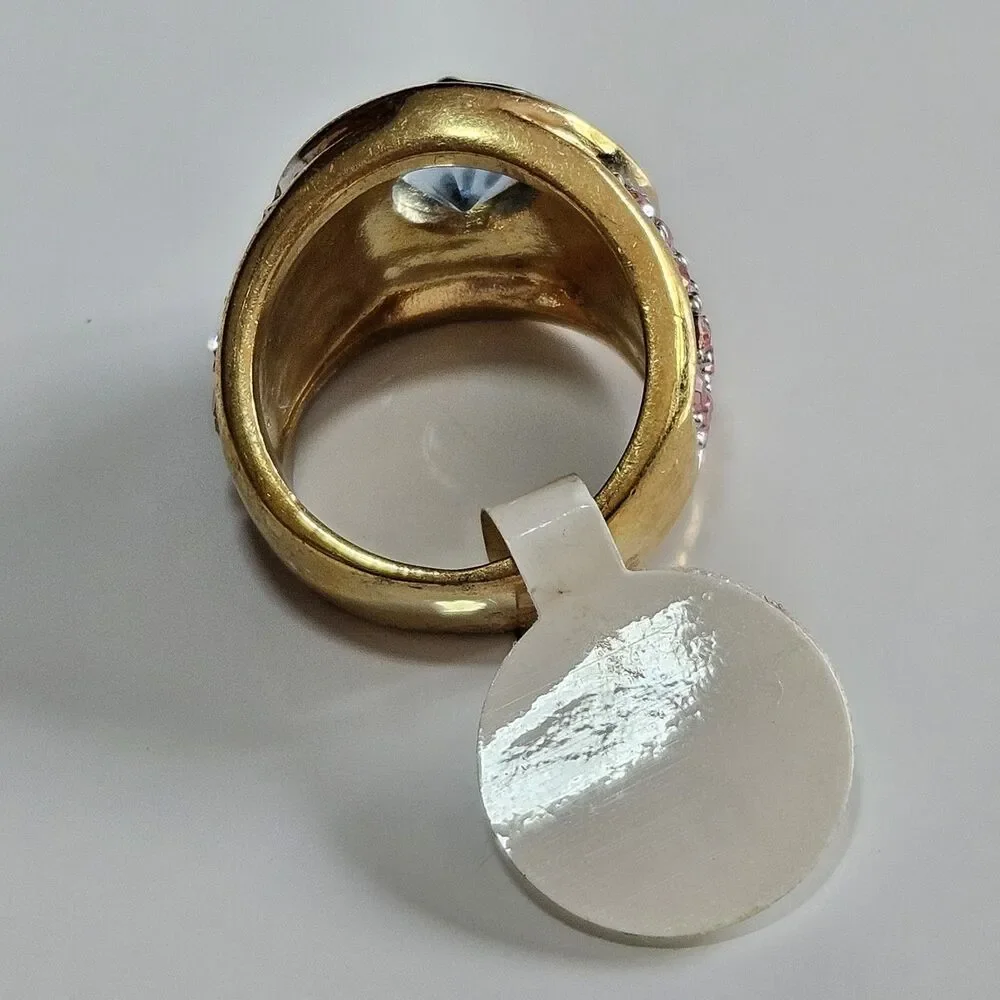 Gold tone pink and blue rhinestone ring Size 8.75